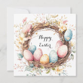 イースターの卵のカラフルな装飾リース（花と葉付き） 招待状 (正面)