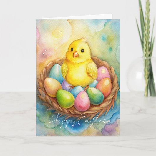 イースターの卵の巣に座るウサギのイラスト シーズンカード (正面)