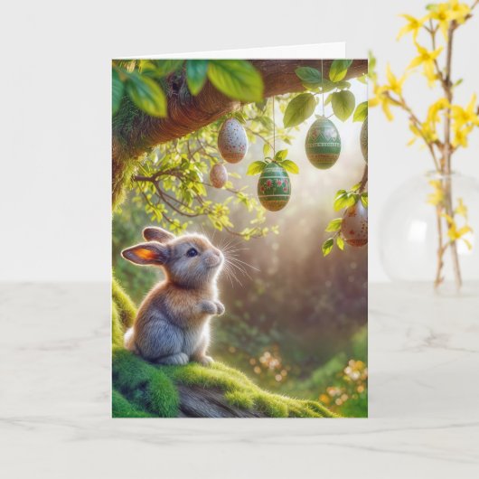 イースターの卵の木の下のバニー カード (黄色い花)