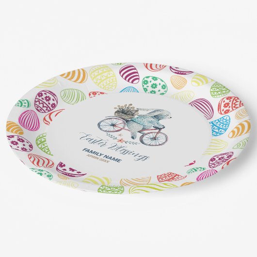 イースターの卵の背景にキュートなイースターバニー ペーパープレート (アングル)