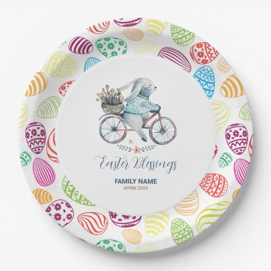 イースターの卵の背景にキュートなイースターバニー ペーパープレート (正面)