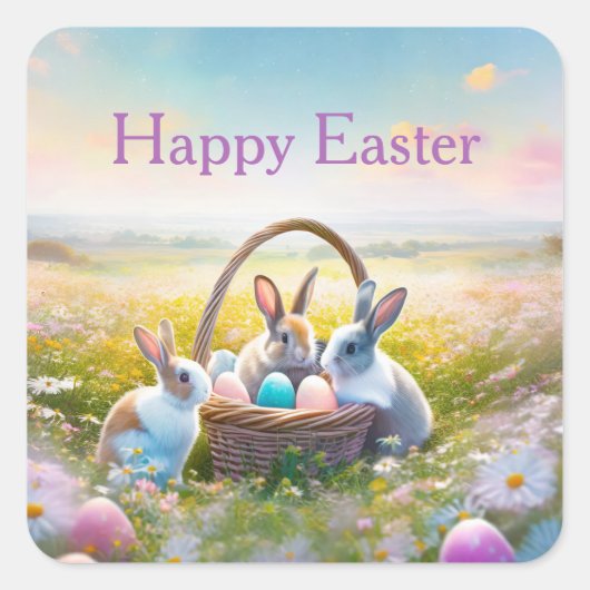 イースターの卵をチェックするイースターバニー スクエアシール (正面)
