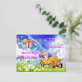 イースターの卵を届けカラフルて喜ぶハッピーバニー ポストカード (スタンド正面)