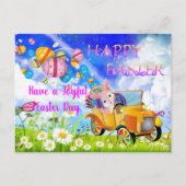 イースターの卵を届けカラフルて喜ぶハッピーバニー ポストカード (正面)