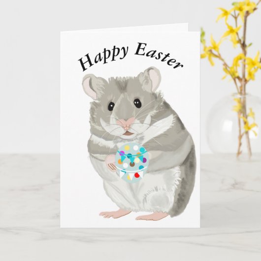 イースターの卵を編集可能に保持かわいいグレーハムスター カード (黄色い花)
