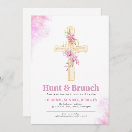 イースターの卵狩りとブランチ ピンクの蘭の花 招待状 (正面/裏面)