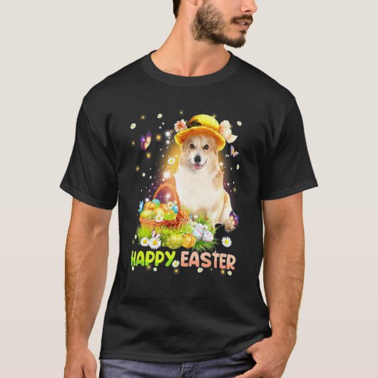 イースターの可愛いウサギとコーギー犬のイースターエッグのバスケット 犬 Tシャツ (正面)