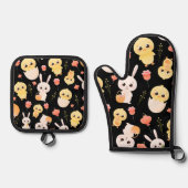イースターの可愛いヒヨコとうさぎのシームレスパターン 鍋つかみ&鍋敷きセット (正面)