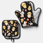 イースターの可愛いヒヨコとうさぎのシームレスパターン 鍋つかみ&鍋敷きセット (正面/裏面)