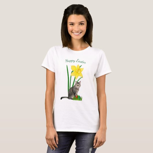 イースターの可愛い猫と水仙の白いTシャツ Tシャツ (正面フル)
