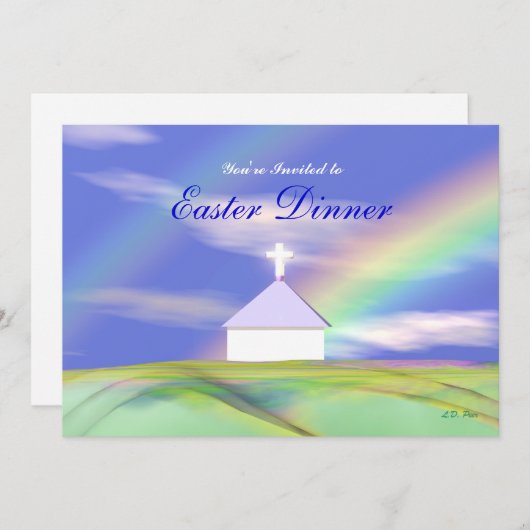 イースターの夕食 教会と虹 招待状 (正面/裏面)