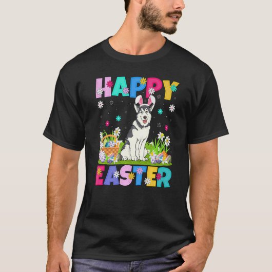 イースターの太陽を祝うアラスカンマラミュート犬イースターバニー Tシャツ (正面)