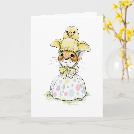 イースターの小さな帽子をかぶった子鳥のカード カード (黄色い花)