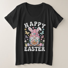イースターの幸せな小人 ウサギの耳とカラフルな卵 プラスサイズTシャツ