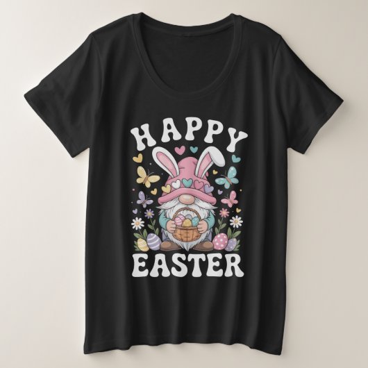 イースターの幸せな小人 ウサギの耳とカラフルな卵 プラスサイズTシャツ (デザイン正面)