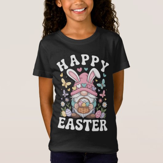 イースターの幸せな小人 ウサギの耳とカラフルな卵 Tシャツ (正面)