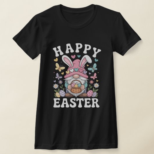 イースターの幸せな小人 ウサギの耳とカラフルな卵 Tシャツ (レイダウン)