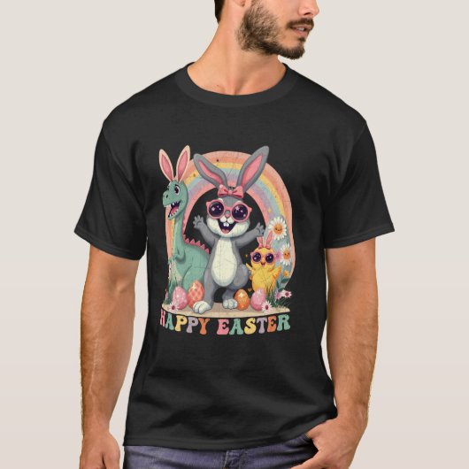 イースターの幸せな恐竜のうさぎ イースターエッグ Tシャツ (正面)