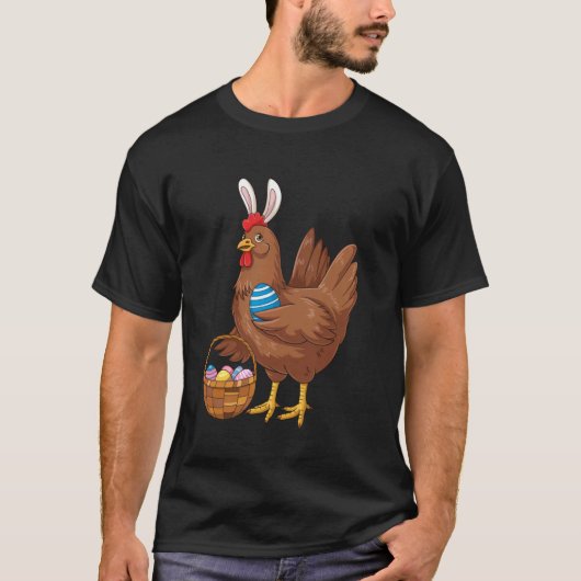 イースターの日にウサギの耳をつけたニワトリ 楽しい卵 遠く Tシャツ (正面)