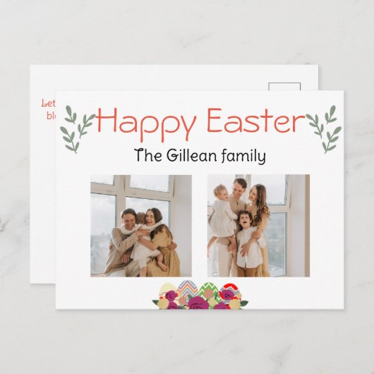 イースターの日、家族へのハッピーイースター2枚の写真 シーズンポストカード (正面/裏面)