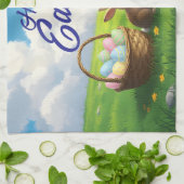 イースターの春の牧草地 ウサギと卵のバスケット キッチンタオル (折り畳み)
