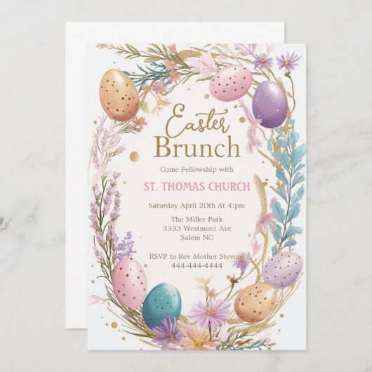 イースターの朝食と卵の狩りパーティー イースター 招待状 (正面/裏面)