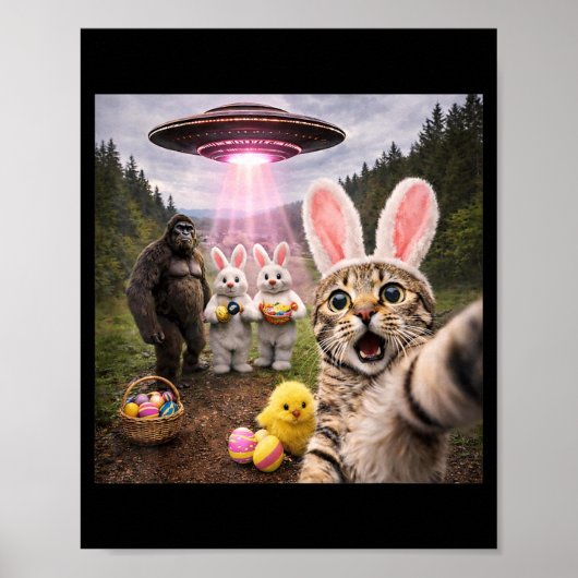イースターの楽しい猫の自撮りとウサギのビッグフットUFO ポスター (正面)
