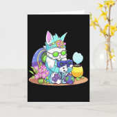 イースターの楽しい猫 ウサギ 面白いゲーマー ビデオゲーム少年 カード (黄色い花)