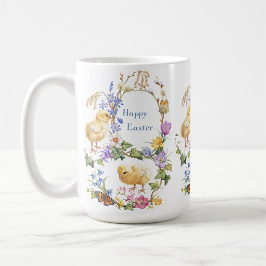 イースターの水彩ひよこ花輪 コーヒーマグカップ (左)