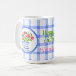 イースターの水彩チューリップ ブルーチェック コーヒーマグカップ