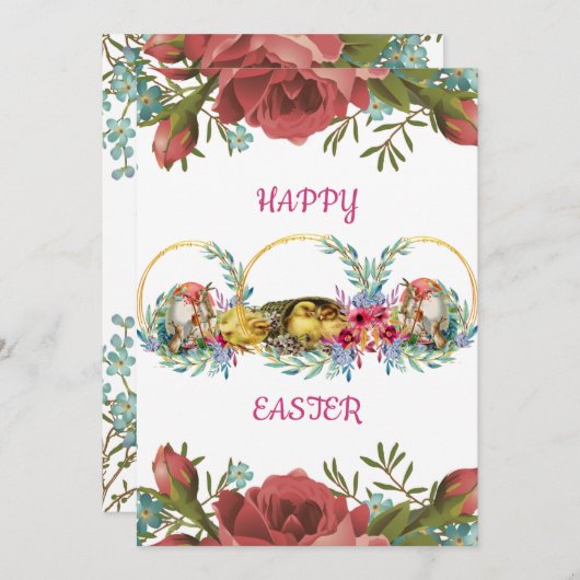 イースターの水彩花のバラの卵のひよこ シーズンカード (正面/裏面)