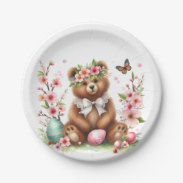 イースターの水色のブラウンベアの卵と花 –  ペーパープレート