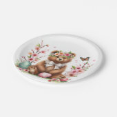 イースターの水色のブラウンベアの卵と花 –  ペーパープレート (アングル)