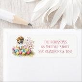 イースターの水色の子犬の卵と花 –  ラベル (インサイチュ)