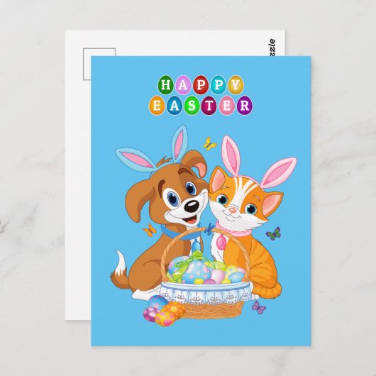 イースターの犬と猫の背景アニメ ポストカード (正面/裏面)