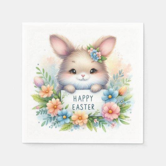 イースターの看板を掲げるかわいいイースターバニー スタンダードカクテルナプキン (正面)
