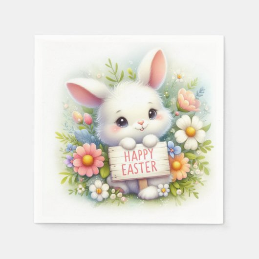 イースターの看板を掲げるかわいいイースターバニー スタンダードカクテルナプキン (正面)