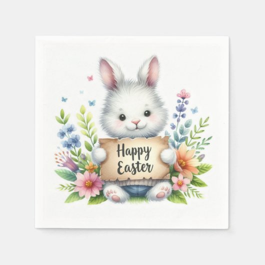 イースターの看板を掲げるかわいいイースターバニー スタンダードカクテルナプキン (正面)