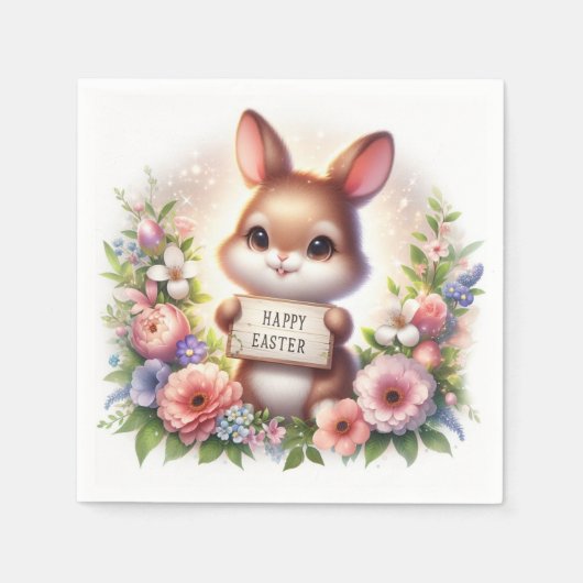 イースターの看板を掲げるかわいいイースターバニー スタンダードカクテルナプキン (正面)
