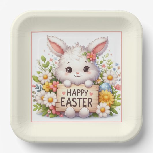 イースターの看板を掲げるかわいいイースターバニー ペーパープレート (正面)