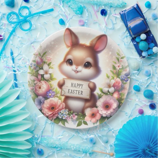 イースターの看板を掲げるかわいいイースターバニー ペーパープレート (パーティー)
