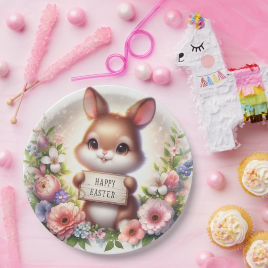 イースターの看板を掲げるかわいいイースターバニー ペーパープレート (パーティー)