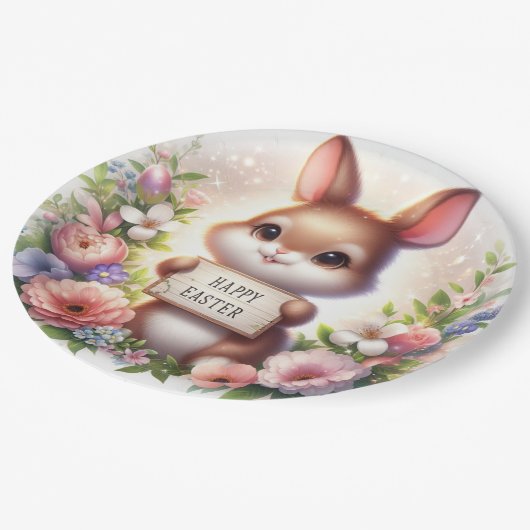 イースターの看板を掲げるかわいいイースターバニー ペーパープレート (アングル)