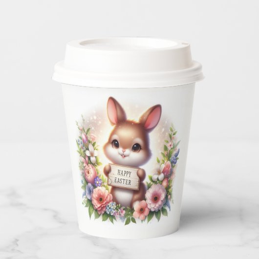 イースターの看板を掲げるかわいいイースターバニー 紙コップ (正面)