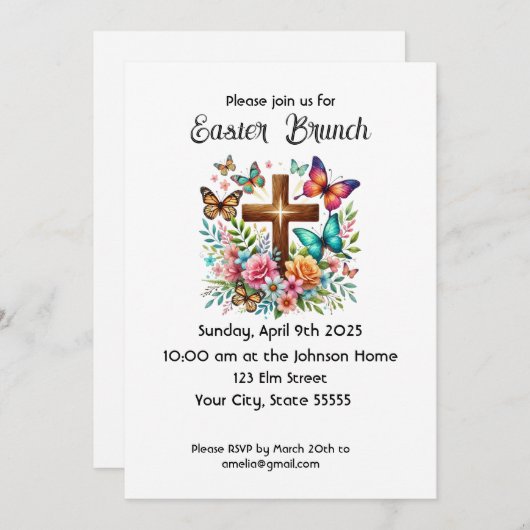 イースターの花と蝶の十字架 ブランシュ招待 招待状 (正面/裏面)