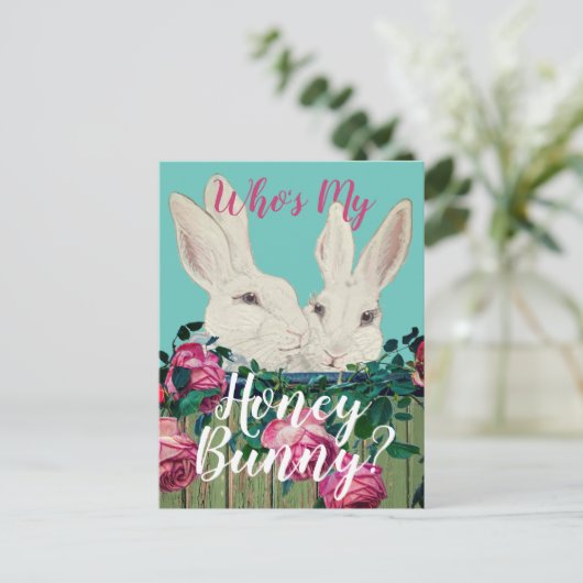 イースターの花のロマンスがかわいいウサギ シーズンポストカード (スタンド正面)