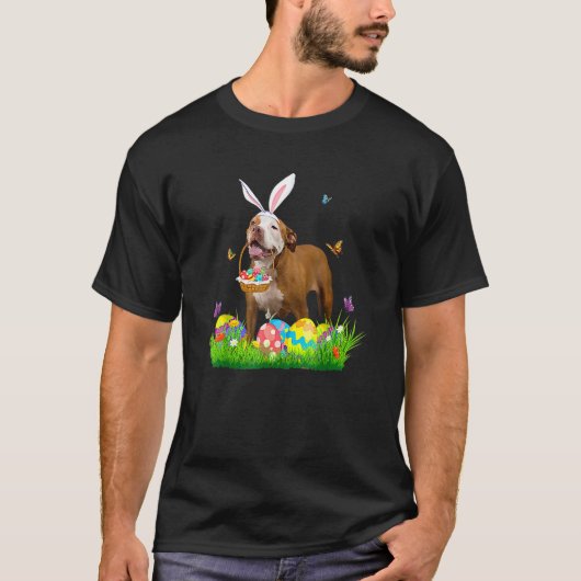 イースターの花を持つ卵バスケット付きの面白いウサギピットブル Tシャツ (正面)