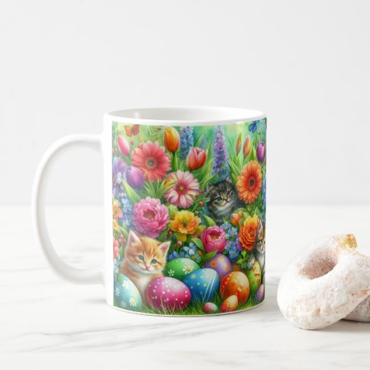 イースターの花畑の可愛い猫 コーヒーマグカップ (ドーナツ)