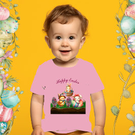 イースターの赤ちゃん動物 チック ウサギ 卵 バスケット ベビーTシャツ