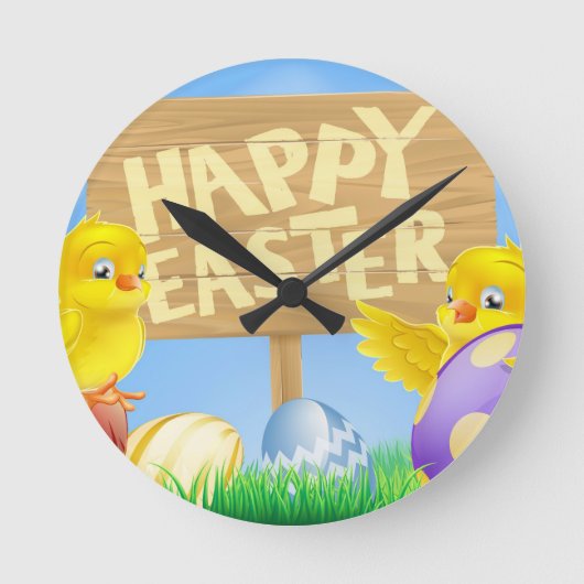 イースターの鳥と卵のサイン ラウンド壁時計 (正面)